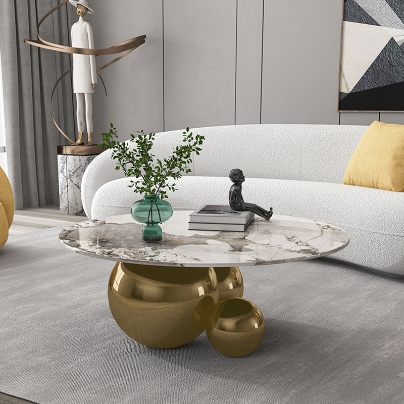 Modern light luxury coffee table special-shaped simple small apartment design round Italian slate home tea table living room stainless steel