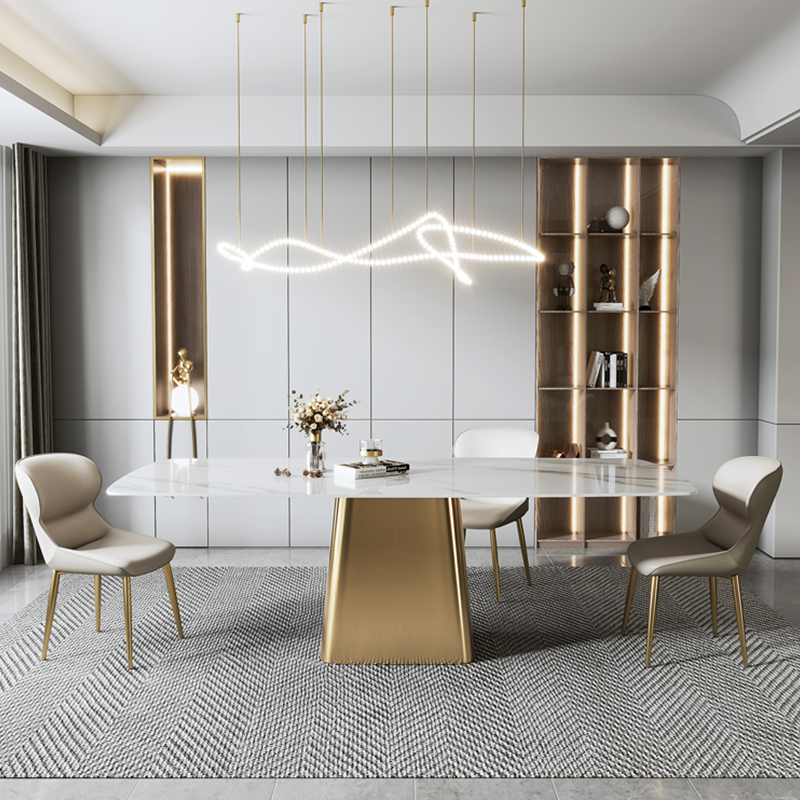Light luxury high - end rock plate small household dining table modern minimal dining table 6 people Italian light rock plate table chair