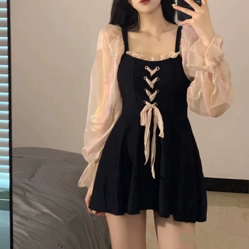 [夏蒙蒙 温泉泳衣女裙式连体保守黑色遮肚显瘦绑带虞美人ins小红书]