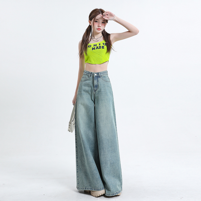 Mghg Drapey Jeans for Women, Loose Straight-Leg Pants for Pear-Shaped Body, Plus-Size Wide-Leg Pants, Slimming, Extra-Long Floor-Length Pants