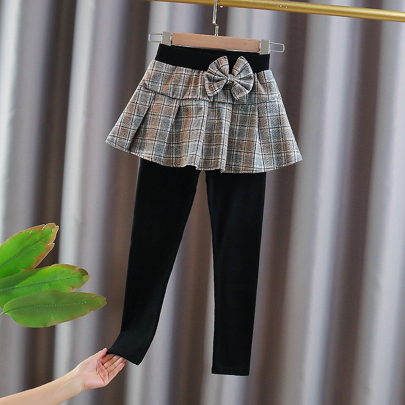 Girl's spring dress inside lap pants fake two dress pants new girl foreign elastic pants outside wearing children's spring and autumn trousers