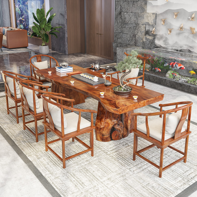 New Chinese solid wood tea Combined Gongfu tea Several chairs Living room Tea table Large plate 1 m 8 Tea table Table Paint Technique