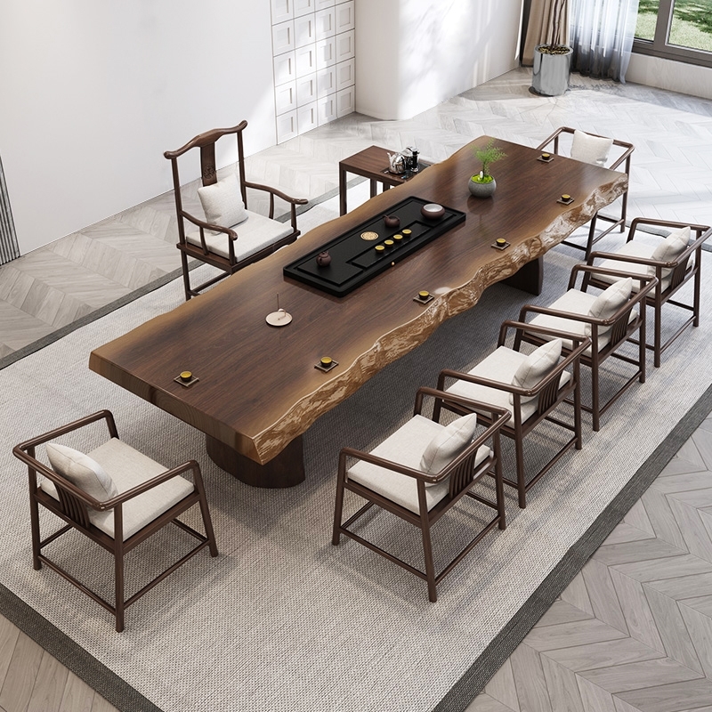 Solid wood tea table and chair combined new Chinese Zen Tea Table Office Modern minimalist log board drink tea table