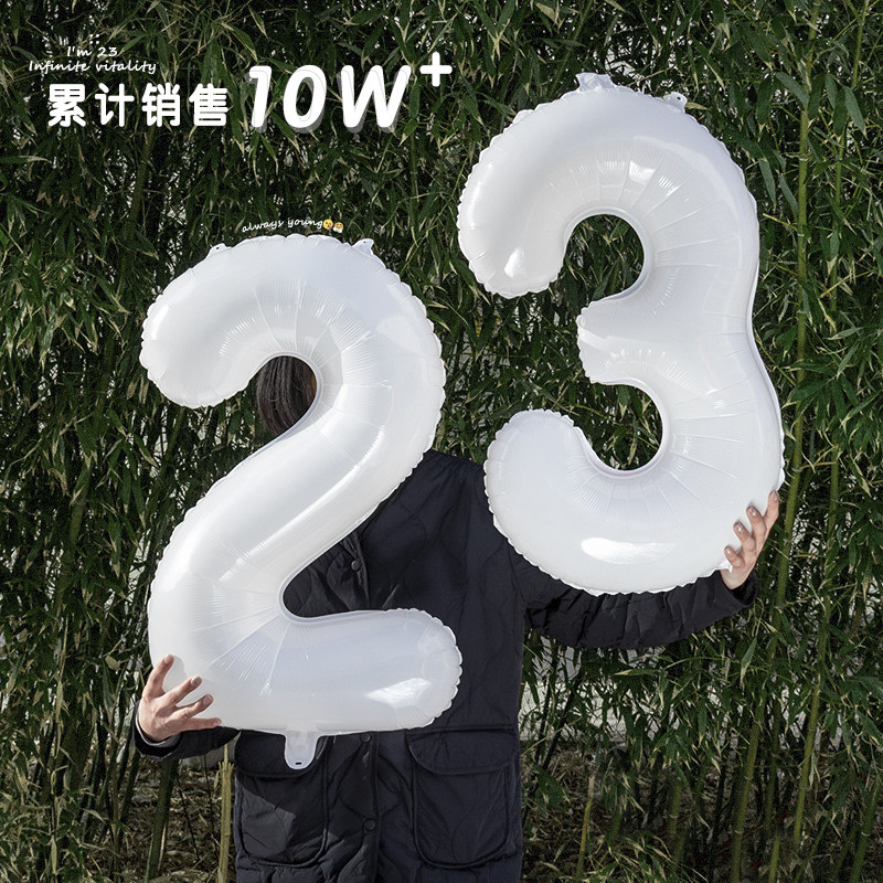 インスタグラム風の1歳の誕生日写真。数字の2のバルーン、32インチと40インチの白いアルミホイル製のパーティーシーン装飾と小道具を使用。