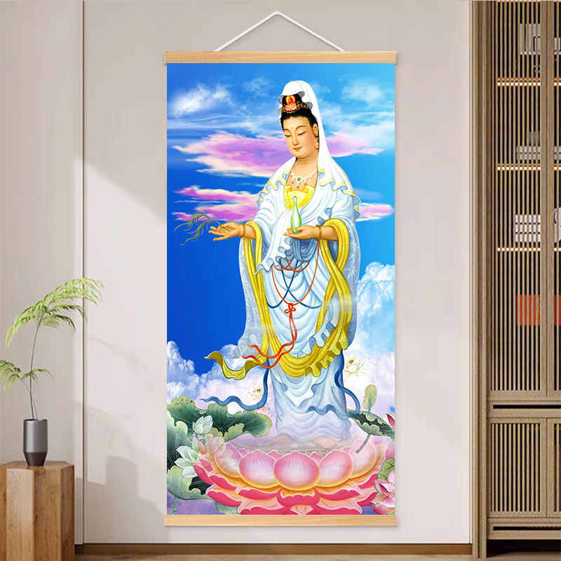 觀音像 掛軸 佛畫明代佚名觀音像佛畫觀音菩薩像掛軸真跡微噴復製畫已裝裱的