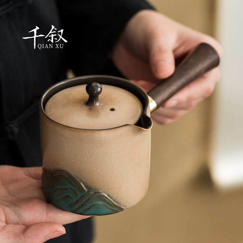 Aoyama Glazed Japanese Style Side Handle Teapot Single Pot Household Ceramic Kung Fu Tea Set Wooden Handle Anti-scald Belt Filter Tea Maker