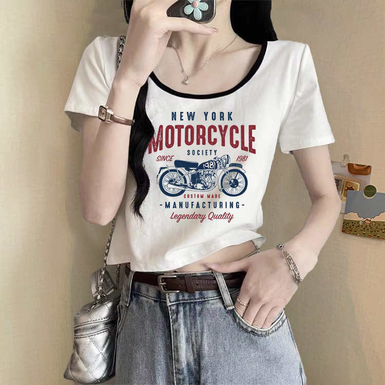 Women's Short-Sleeved T-Shirt with a Unique Design, Summer White Low-Neck, Stunning Short Style, Vintage High-Waisted, Sweet and Spicy Cotton Top ins Women's Short-Sleeved T-Shirt with a Unique Design, Summer White Low-Neck, Stunning Short Style, Vintage High-Waisted, Sweet and Spicy Cotton Top ins