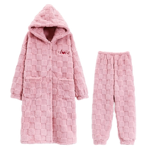 Catman flannel nightgown for women 2024 autumn and winter thickened plus velvet warm pajamas coral velvet dressing gown home service bathrobe