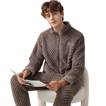 Catman Winter Coral Fleece Pajamas Mens Plus Velvet Thickened Set 2024 New Mens Flannel Autumn and Winter Two-piece Set