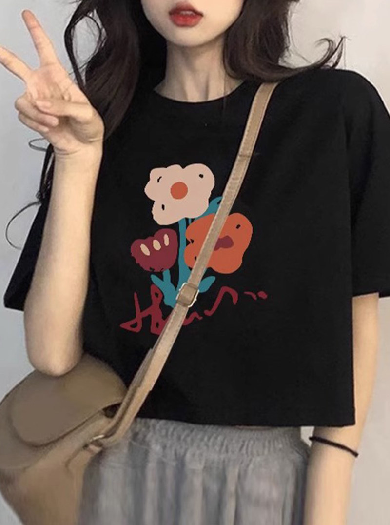 MRM2023 summer spring autumn black small floral printed sashimi short female short sleeve t-shirt ins pure cotton hot girl with wind blouses-Taobao