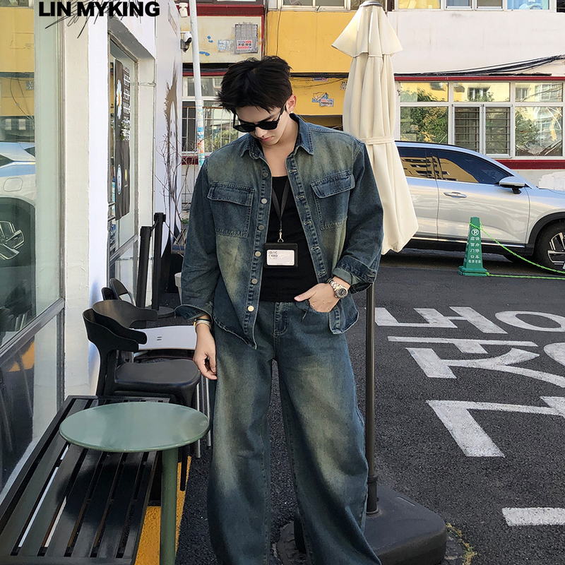 Lin Mykin American Retro Washed Denim Jacket Straight-Leg Wide-Leg Pants Two-Piece Denim Suit for Men Lin Mykin American Retro Washed Denim Jacket Straight-Leg Wide-Leg Pants Two-Piece Denim Suit for Men