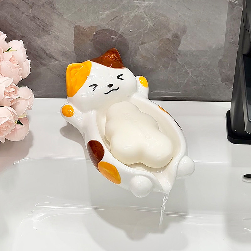 Симпатичная кошачья мыльница Sanhua cat бытовая мыльница для ванной комнаты без перфоратора керамическая мыльница с автоматическим сливом Изображение 1