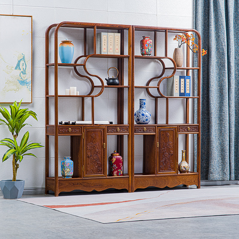 Mahogany furniture chicken wing wood Duobaoge tea display cabinet carved Bogu frame solid wood tenon and mortise rack antique rack
