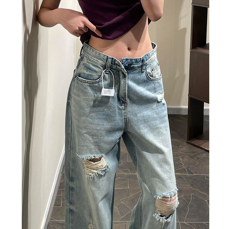 Light Blue Design-Inspired Loose Straight-Leg Ripped Jeans for Women, Summer Thin Style 2026 New High-Waisted Drapey Wide-Leg Pants Light Blue Design-Inspired Loose Straight-Leg Ripped Jeans for Women, Summer Thin Style 2026 New High-Waisted Drapey Wide-Leg Pants