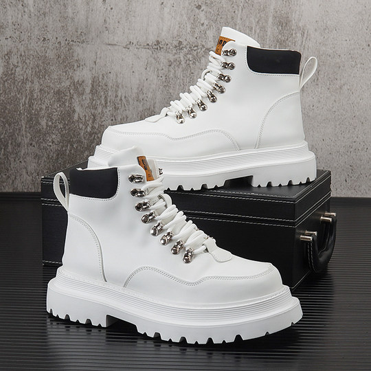 Botas Martin para hombre 2025, nuevo estilo de invierno, además de zapatos de cuero de caña alta cálidos de terciopelo, suela gruesa para hombre, zapatos blancos para hombre con realce interior