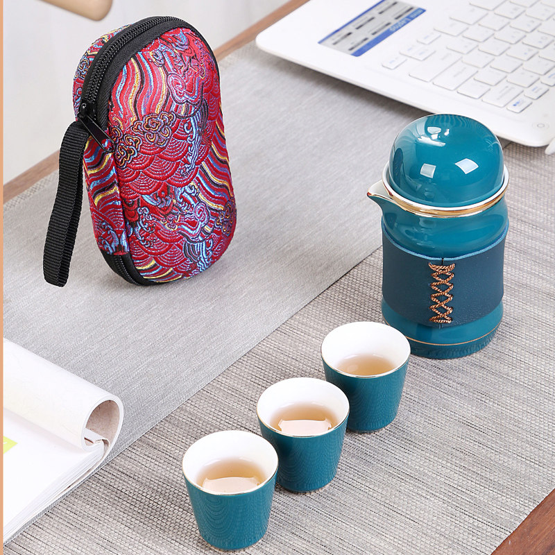 Outdoor travel Gongfu Tea kit Anti-burn Ceramics Quick Guest Cup One Pot Three Cups Portable Bag With Tea Pot-Taobao