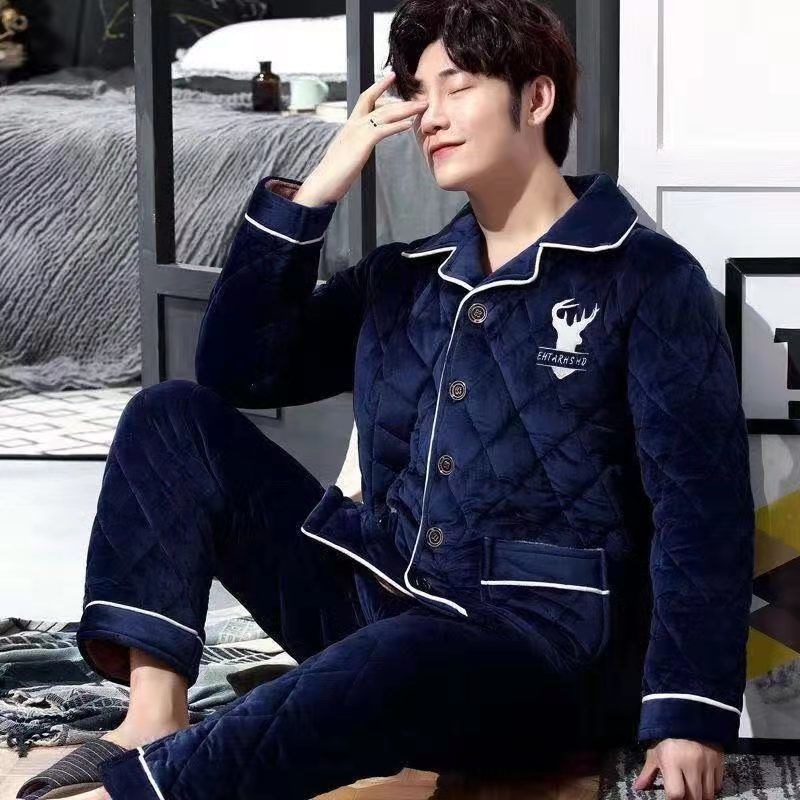 Middle-aged and elderly men's coral velvet quilted pajamas plus velvet thickened to keep warm father's home clothes for the elderly
