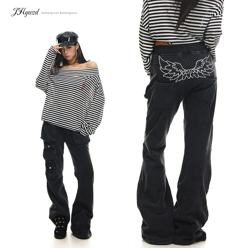 Jhywzd No Noise Roll American Retro Distressed Flared Sweatpants for Women with Wing Embroidery on the Back Waist and Drawstring Floor-Length Pants
