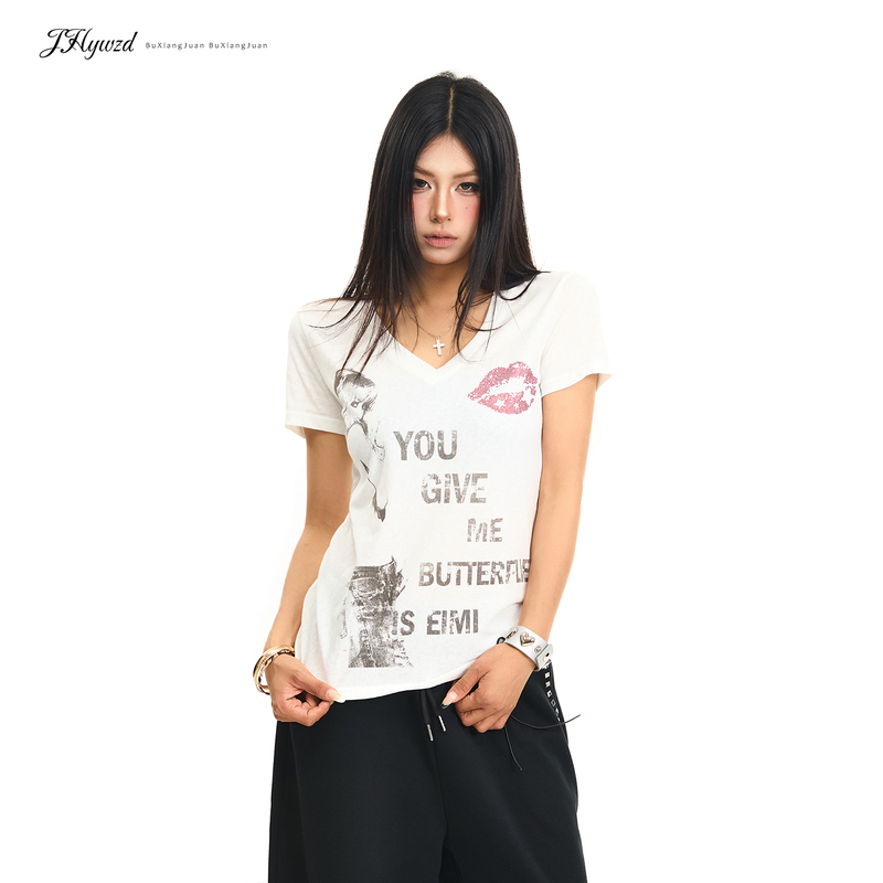 Jhywzd No Noise Roll Character Print V-Neck Short Sleeve T-Shirt for Women, Summer American Hot Girl Style Slim Fit Versatile Top Jhywzd No Noise Roll Character Print V-Neck Short Sleeve T-Shirt for Women, Summer American Hot Girl Style Slim Fit Versatile Top