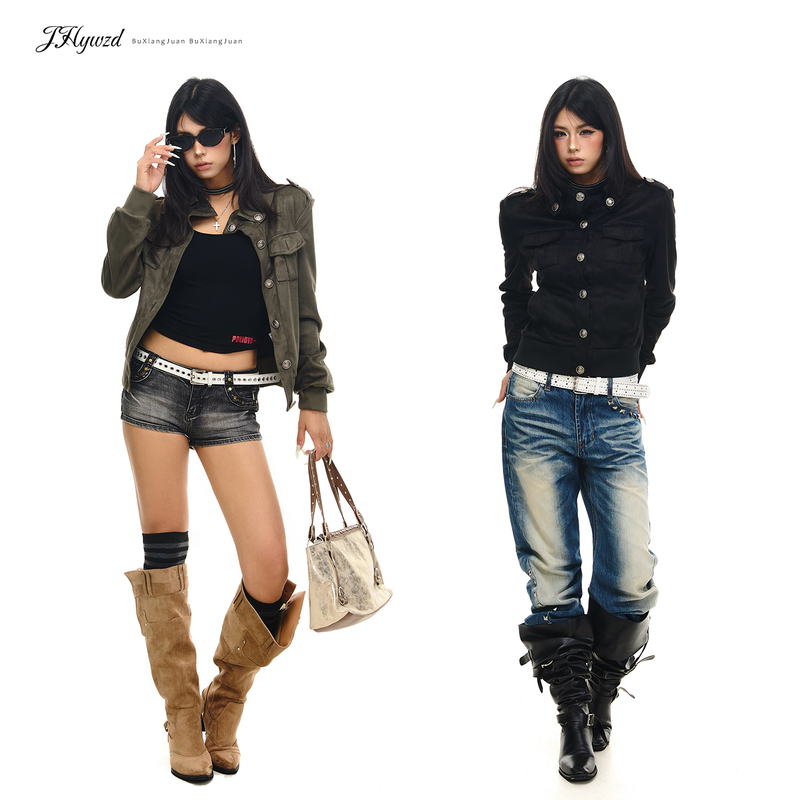 Jhywzd Silent Roll American Retro Stand Collar Workwear Jacket for Women Street Style Slim Fit Suede Jacket