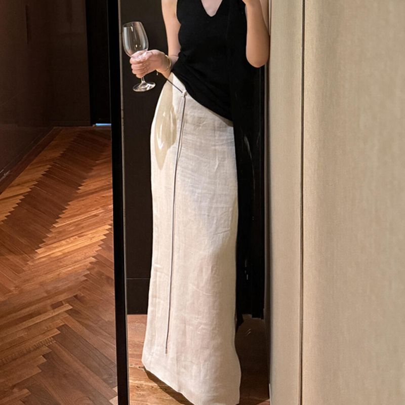 Linen White Long Skirt 2026 Summer New Style Lazy Style High-Waisted Drapey Cotton-Linen Slit Straight Skirt for Women