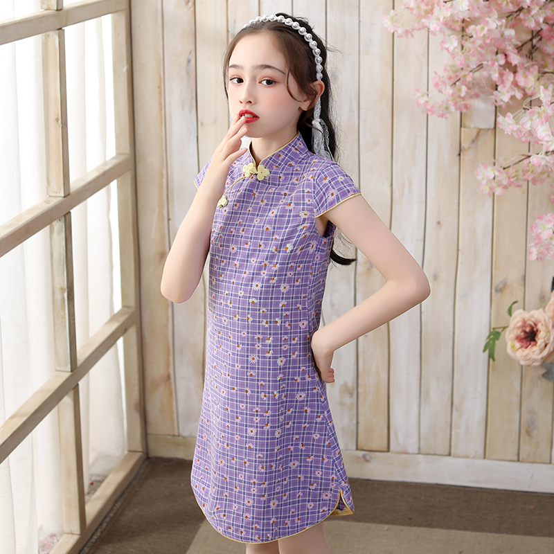 Children's cheongsam autumn little girl Chinese style foreign style girl princess guzheng costume purple plaid dress
