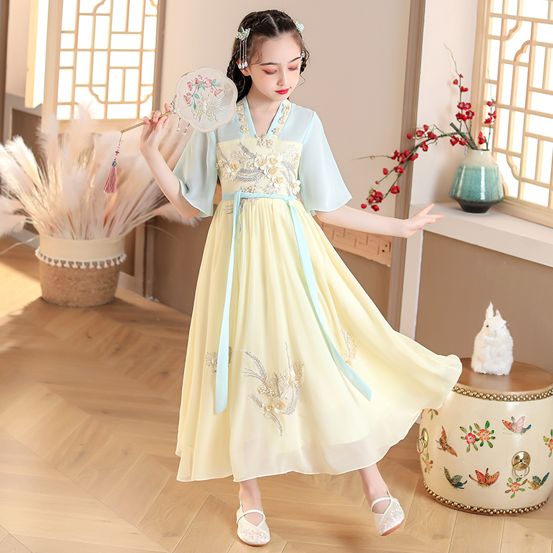 Hanfu Girls Autumn Dress Thin Section Children's Ancient Costume Green Short-sleeved Dress Super Fairy Little Girl Chinese Style Ruskirt