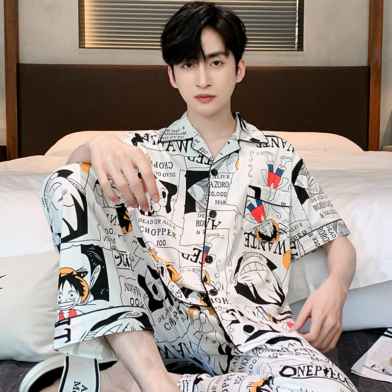 Pure Cotton Men's Pajamas, Summer Pure Cotton Short-Sleeved Long Pants Home Wear, Summer Thin Cotton for Teenagers