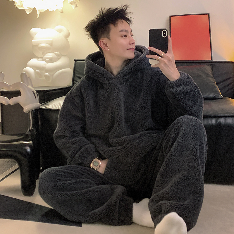 100% Pure Cotton 2026 New Autumn and Winter Men's Coral Fleece Pajamas Flannel Thickened Set Large
