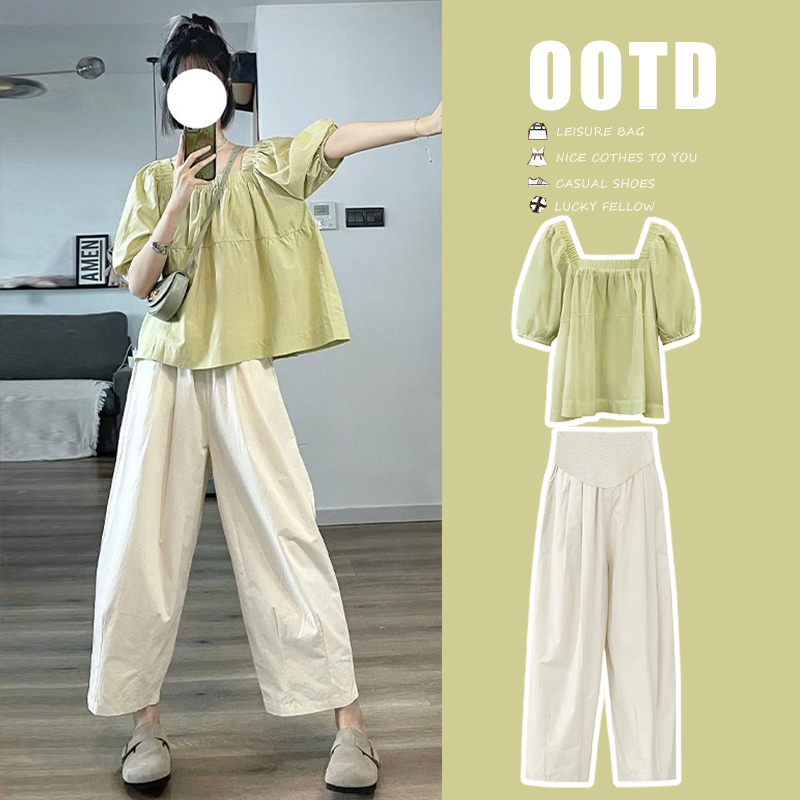 Pregnant Women's Summer Tea Green Short-Sleeved Top and Nine-Point Japanese-Style Casual Cotton and Linen Wide-Leg Pants, Fashionable Two-Piece Set for Trendy Moms