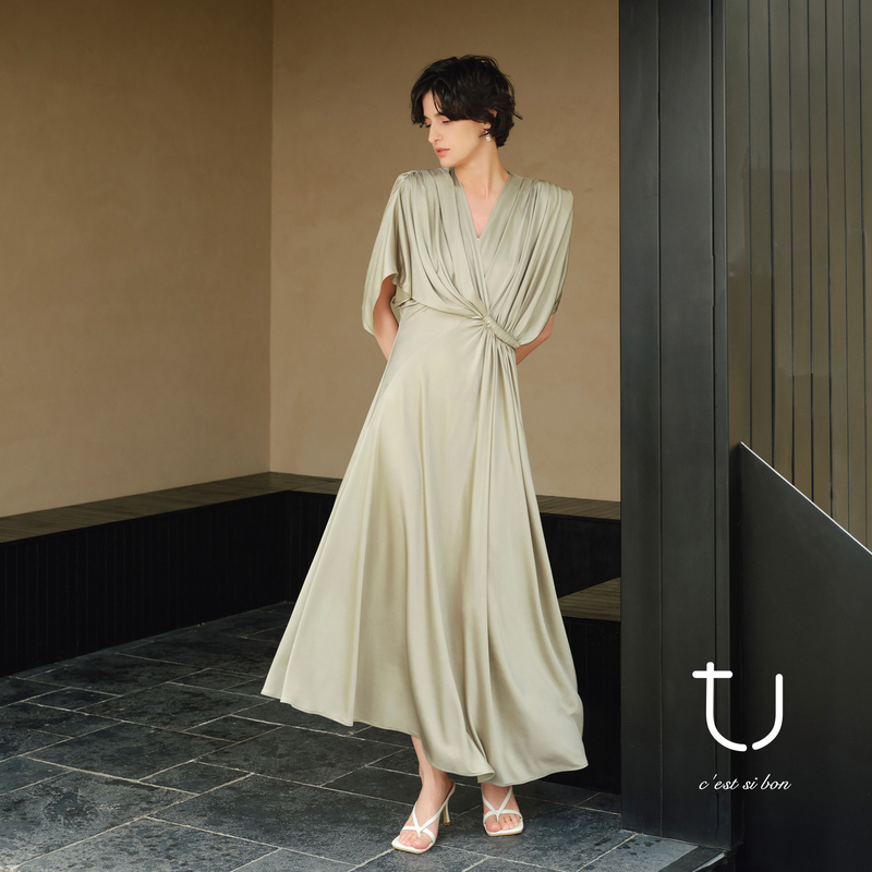 [Celebrity Style] Tu Women's Triacetate Knit V-Neck French Dress, Waist-Cinching, Slimming, Twist-Knot Long Dress