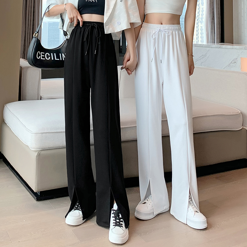 Slit wide-leg pants women's thin section fat mm large size drape casual pants look thin loose ice silk knitted floor mopping pants