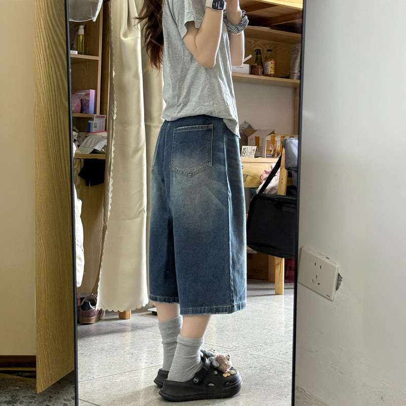 Blue Straight-Leg Denim Capri Pants for Women, New Spring Style, Plus Size, Hip-Covering, Slimming, Pear-Shaped Body, Wide-Leg Mid-Length Pants