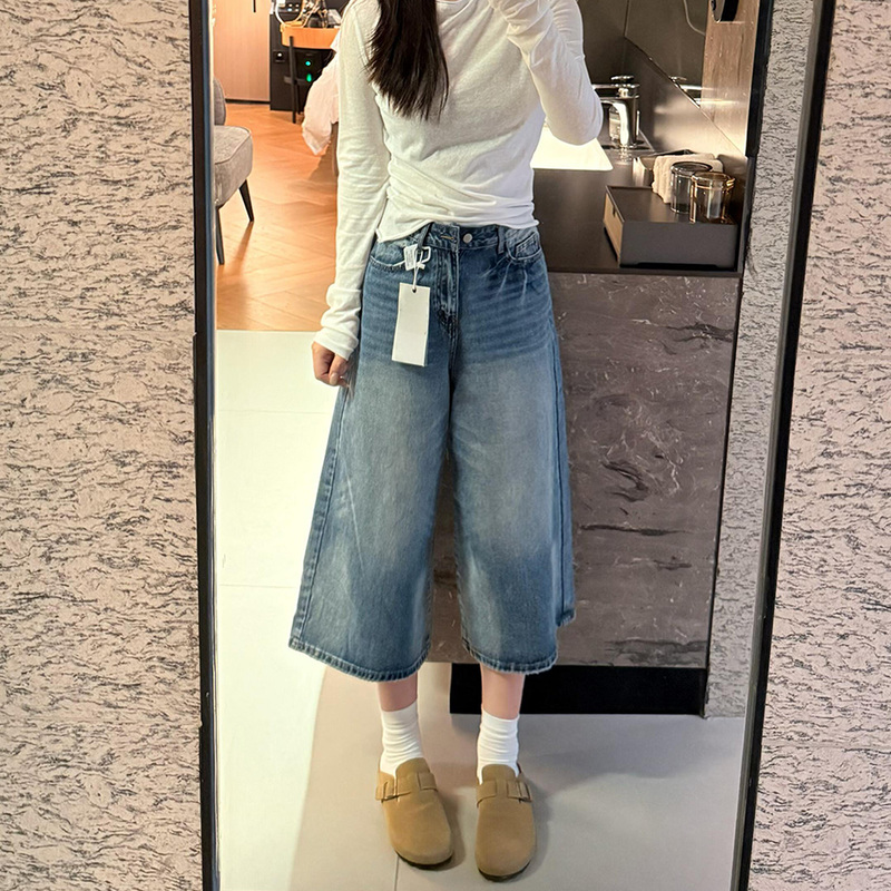 Blue Straight-Leg Denim Capri Pants for Women, 2026 Summer New Style, Plus Size, for Petite Figures, High-Waisted, Slimming Wide-Leg Pants
