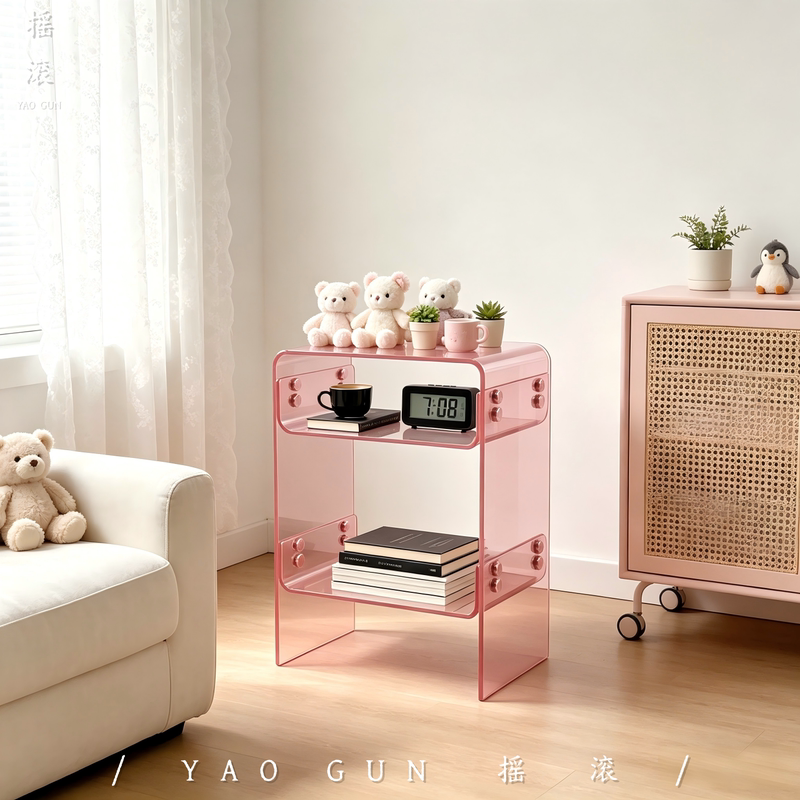 Rock and Roll Pink Transparent Acrylic Side Table Modern Minimalist Living Room Shelf Internet Celebrity Style ins Children's Bedside Table