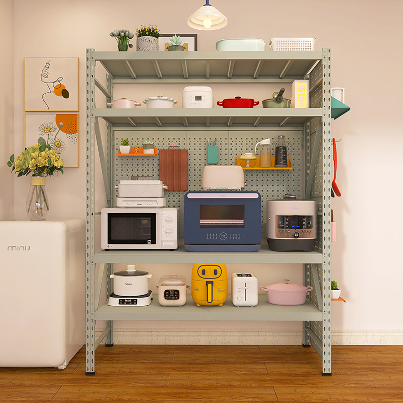 Gray green perforated board kitchen storage rack dining cabinet against the wall one-piece floor-standing multi-layer microwave oven storage shelf