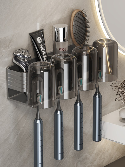 Space Aluminum Toothbrush Holder Family Set, No-Drill Bathroom Mouthwash Cup, Wall-Mounted Electric Toothbrush Rack