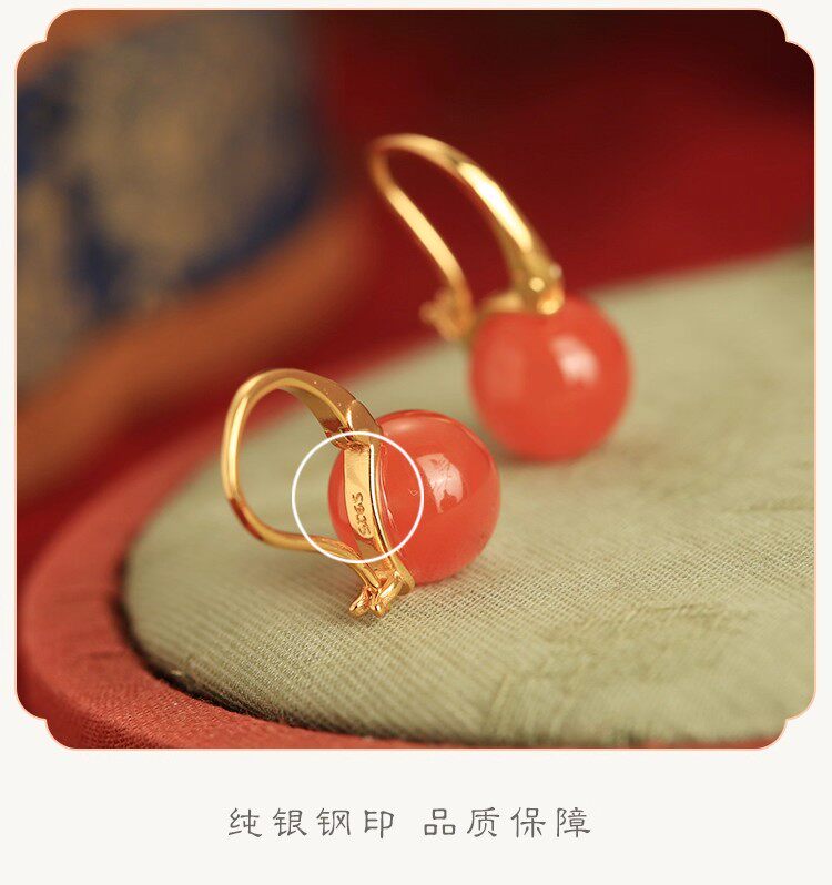 Серьги 冰种天然南红耳饰纯银耳扣女新中式红色本命年红玛瑙耳环耳坠耳针