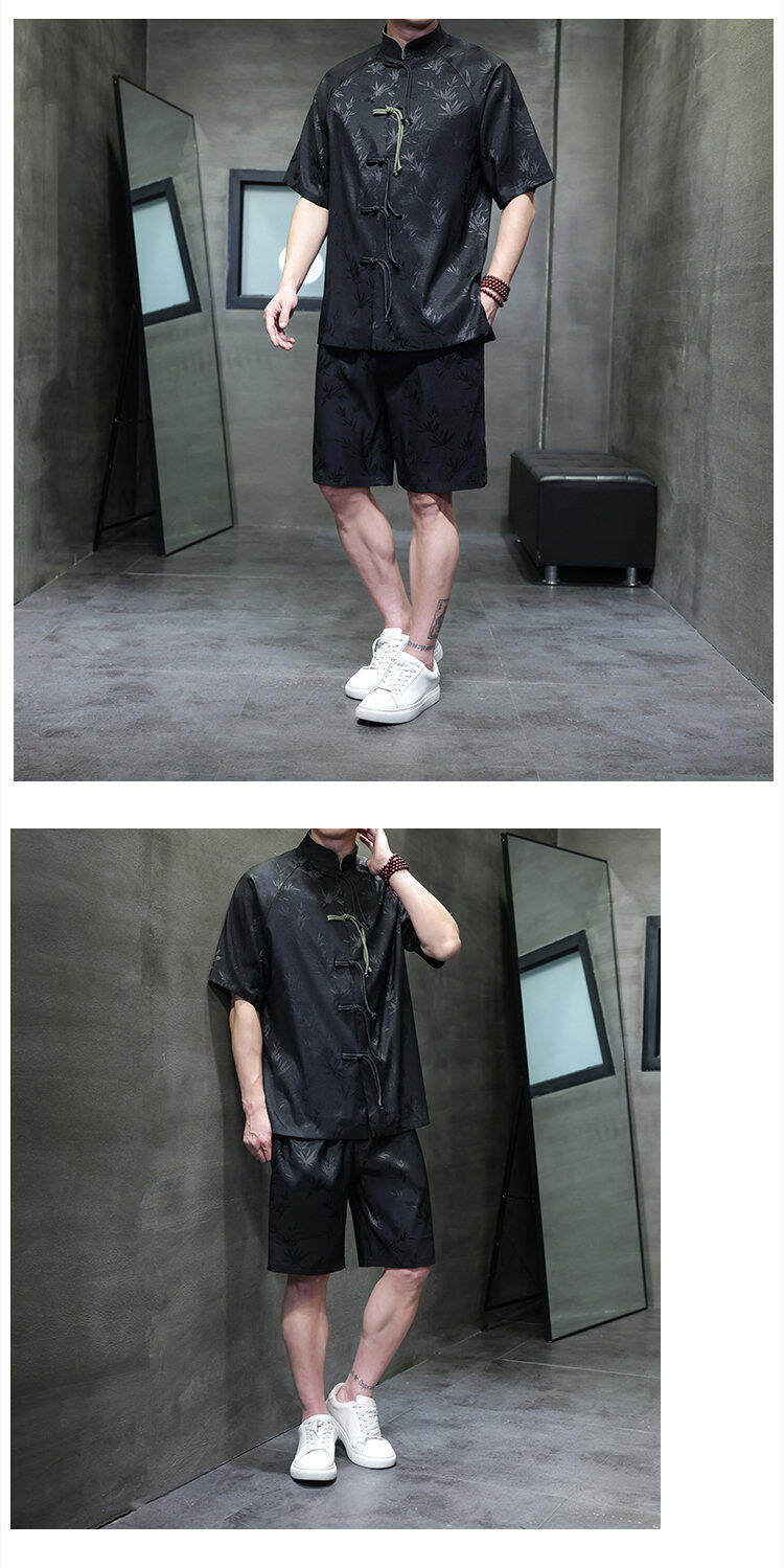 Джинсовая рубашка 夏季男士薄款透气冰丝套装中国风复古盘扣立领衬衫宽松大码两件套