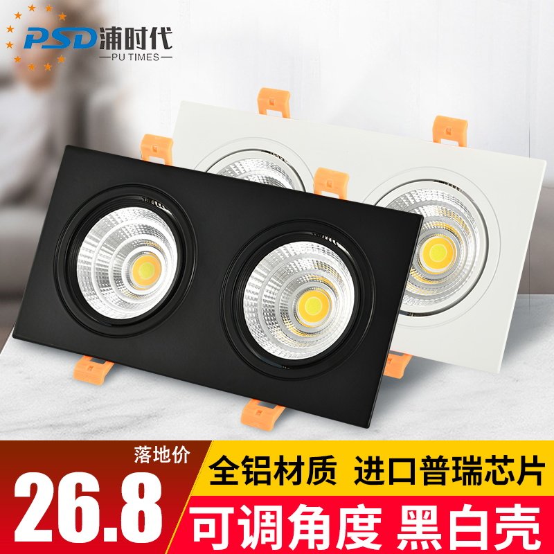 LED double-head spotlight double hole 20*10 embedded grille ceiling lamp 8*16 square black bold lamp exhibition hall lamp