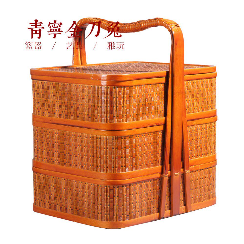 Pete Cat Box Basket Bamboo Basket Hand-delivery Meal 3 floors Bye Hand Weave Bamboo Basket Ancient Sacrifice