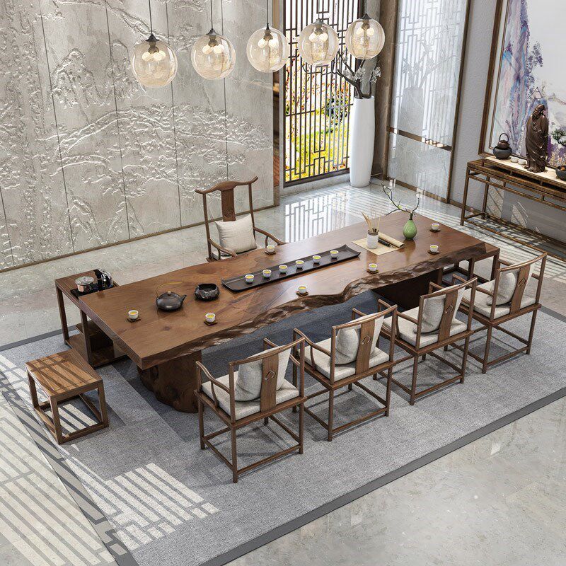 New Chinese log large board tea table and chairs combination office tea table solid wood Kung Fu Zen tea table tea drinking tea table