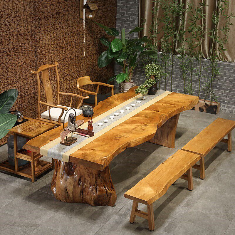 Log large board tea table and chair combination office tea table solid wood kung fu tea table new Chinese Zen tea table
