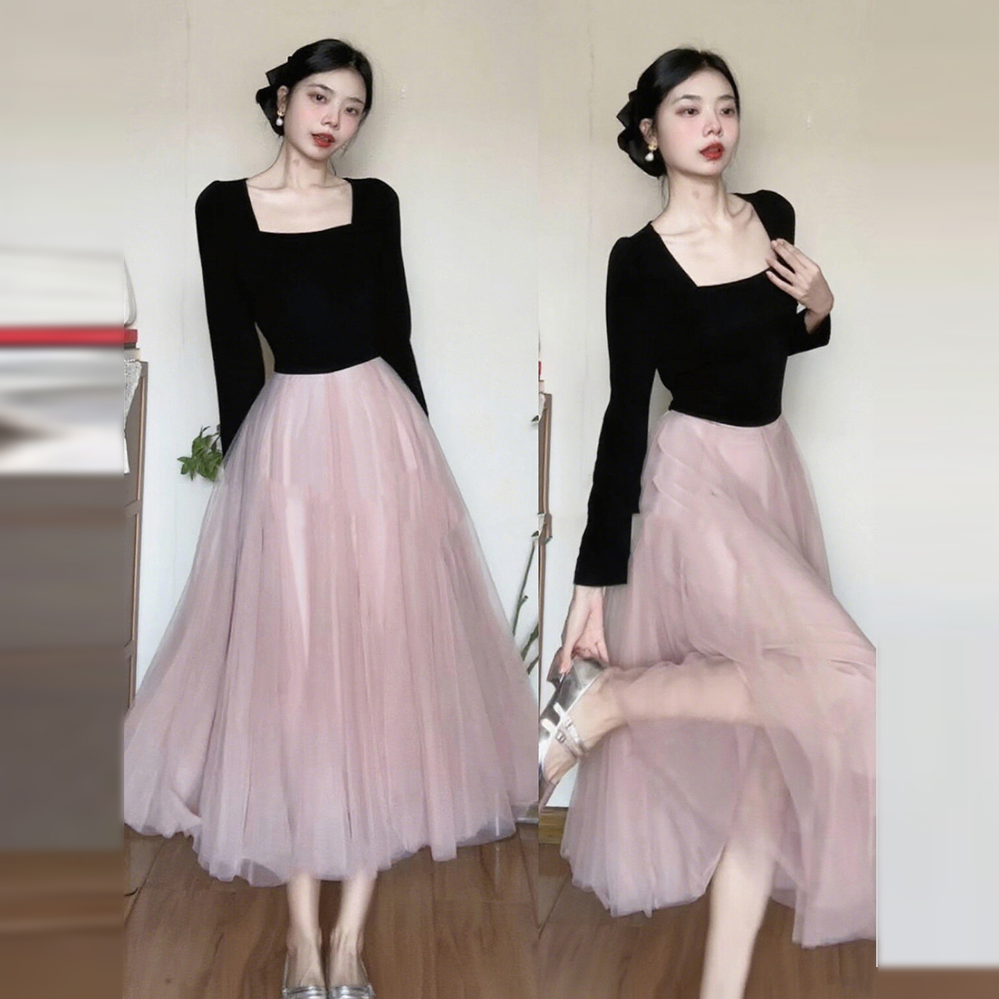 Французское балетное платье контрастного цвета с отстрочкой и длинными рукавами, детское осенне-зимнее платье 2025 года в новом стиле, длинная юбка с золотистой талией