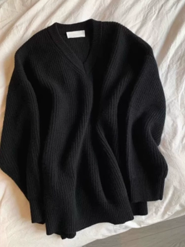 Черный демисезонный ретро трикотажный свитер, V-образный вырез, коллекция 2023, оверсайз