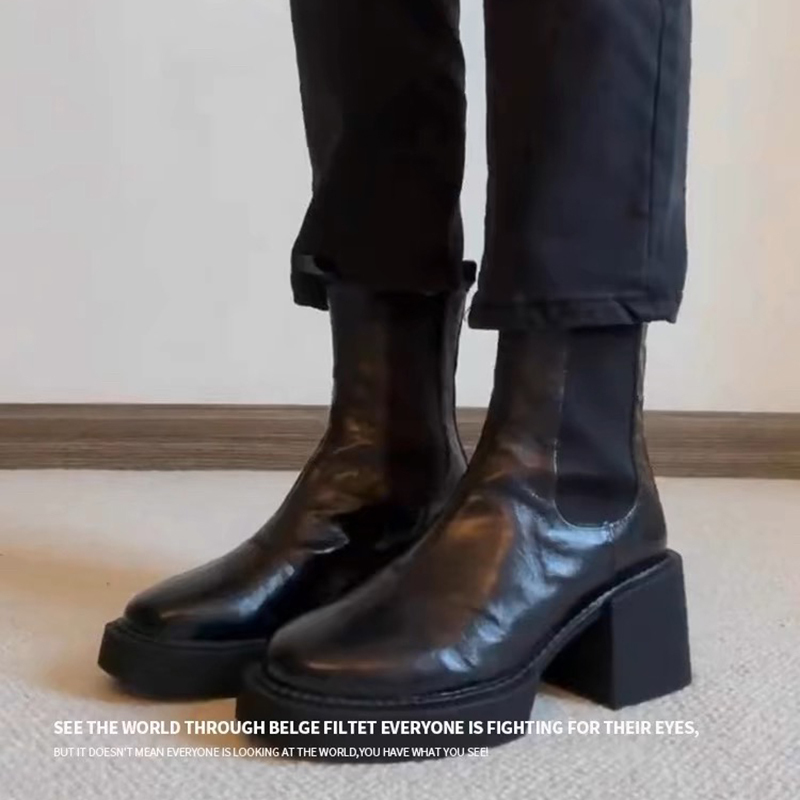 Cowhide Version ~ Retro Pleated Thick-Soled Chelsea Boots, High-Heeled Martin Boots, Chunky Heel Short Boots, Women's Elastic Slim Boots