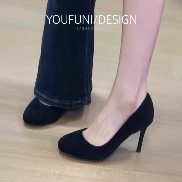 Black Small High-Heeled Shoes for Women 2026 New Style Swing Gold Wind Round Toe Stiletto Suede Stunning Elegant High-End Comfortable Not Tiring for Feet