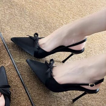 Bow high heels women's stiletto heels 2026 spring and summer new style baotou satin party temperament sandals pointed toe single shoes