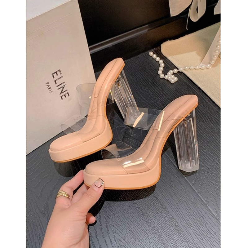 Sheepskin Version ~ soft sole Transparent High-Heeled Shoes for Women, Waterproof Platform Sandals, Summer Crystal Thick-Heeled Outerwear Sandals