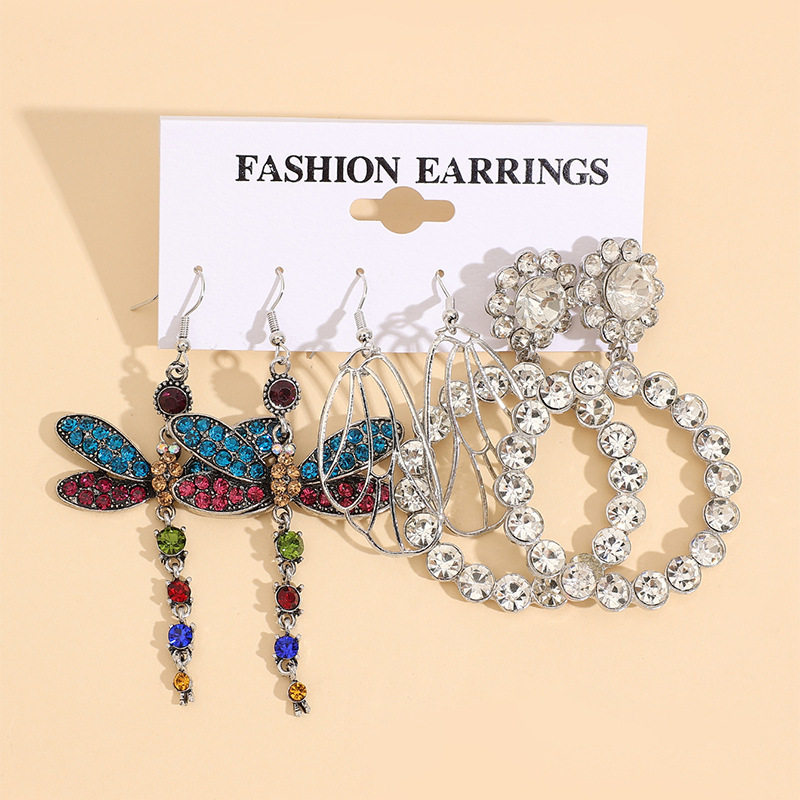 Korean Style 3‑Piece Set Vintage Dragonfly Wing Alloy Earrings Minimalist Rainbow Crystal Circle Earrings